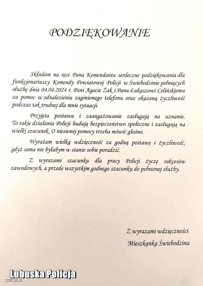 Pomagamy i chronimy podziękowania dla policjantów od mieszkanki