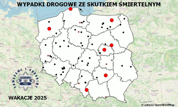 Policyjna mapa wypadków drogowych ze skutkiem śmiertelnym – Wakacje 2025