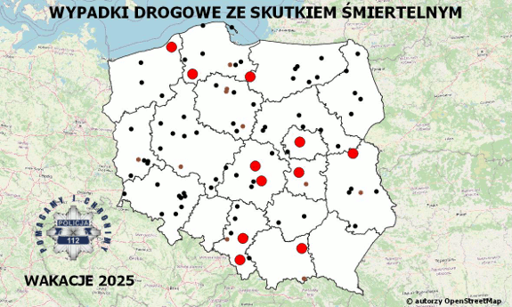 Policyjna mapa wypadków drogowych ze skutkiem śmiertelnym – Wakacje 2025
