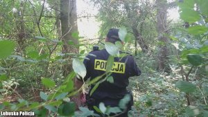 Na fotografii widać policjanta, który przeszukuje leśny teren.