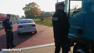 Na zdjęciu widzimy policjantów którzy zatrzymali kierowce samochodu cięzarowego do kontroli.