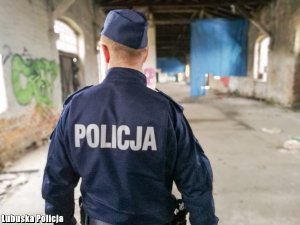 Na zdjęciu widać policjanta sprawdzającego pustostany.