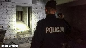 Na zdjęciu widać policjanta z latarką sprawdzającego pustostany.