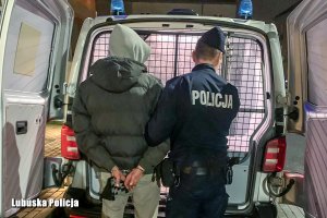 Policjant wprowadza zatrzymanego do pojazdu