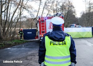 stojący policjant, przed nim wóz strażacki