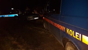 widoczny radiowóz Policji oraz Straży Ochrony Kolei, pomiędzy nimi srebrny samochód sprawcy