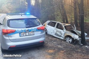 radiowóz stojący na ulicy, obok biały samochód rozbity na drzewie