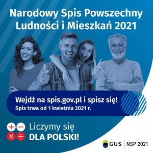 Plakat informacyjny o spisie ludności, na nim widnieje zdjęcie czterech osób oraz informacje o spisie