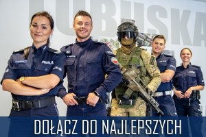 Plakat promocyjny na którym stoi 5 policjantów umundurowanych z różnych wydziałów.