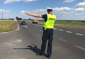 Policjant wskazujący ręką aby pojazd zjechał na pobocze