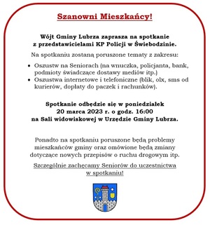 Plakat promujący spotkanie w Gminie Lubrza z mieszkańcami. Źródło: Gmina Lubrza