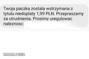 Sms z informacją o konieczności dopłaty.