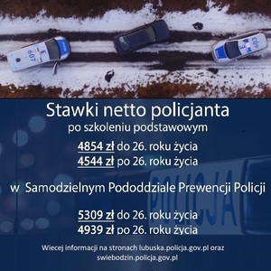 Plakat z informacjami o stawkach netto policjanta w służbie.