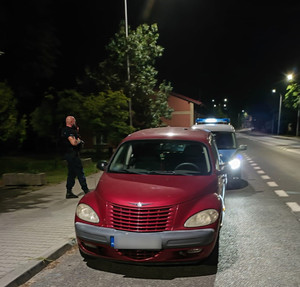 Pojazd osobowy na poboczu, za nim radiowóz, obok pojazdu policjant.