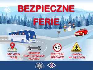 Plakat na którym narysowane są dzieci, autokar i hasła akcji