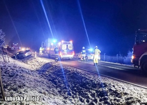 Kolizja pojazdów na drodze, noc, sygnały pojazdów straży i policji, jedno auto w rowie