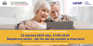 Dwoje seniorów a obok opis webinarium oraz termin.