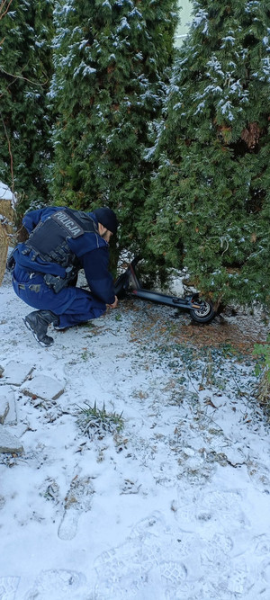 Hulajnoga w krzakach, obok policjant