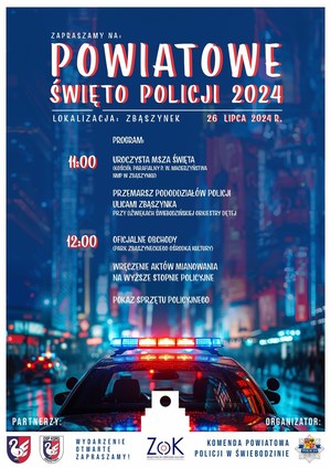 Plakat, opis informacji oraz radiowóz nocą