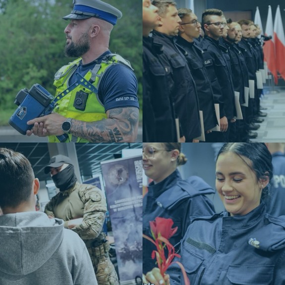 4 zdjęcia policjantów, z laserem, policjantka z kwiatami, antyterrorysta i uroczystość