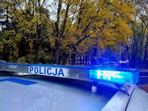 Radiowóz na tle cmentarza oraz policjantka na tle cmentarza