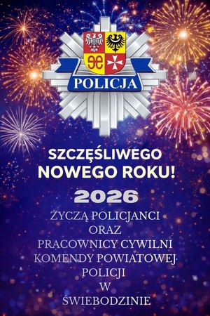 Policyjna blacha na tle fajerwerków i tekst z życzeniami