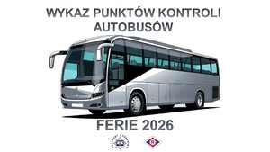 narysowany autokar i hasło ferie 2026