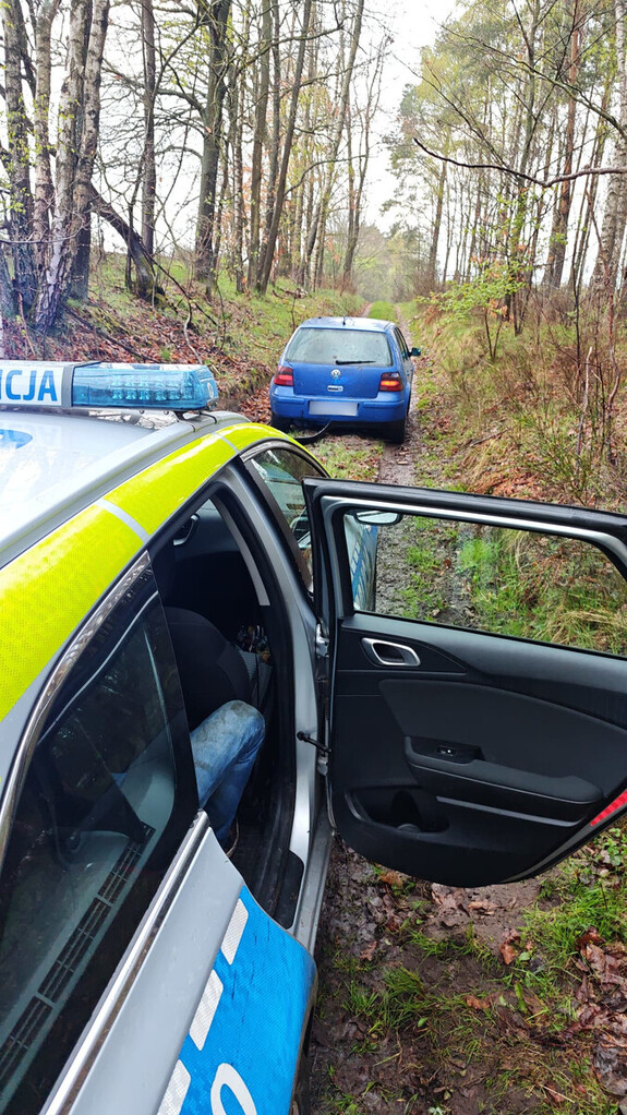 radiowóz i auto na leśnej drodze